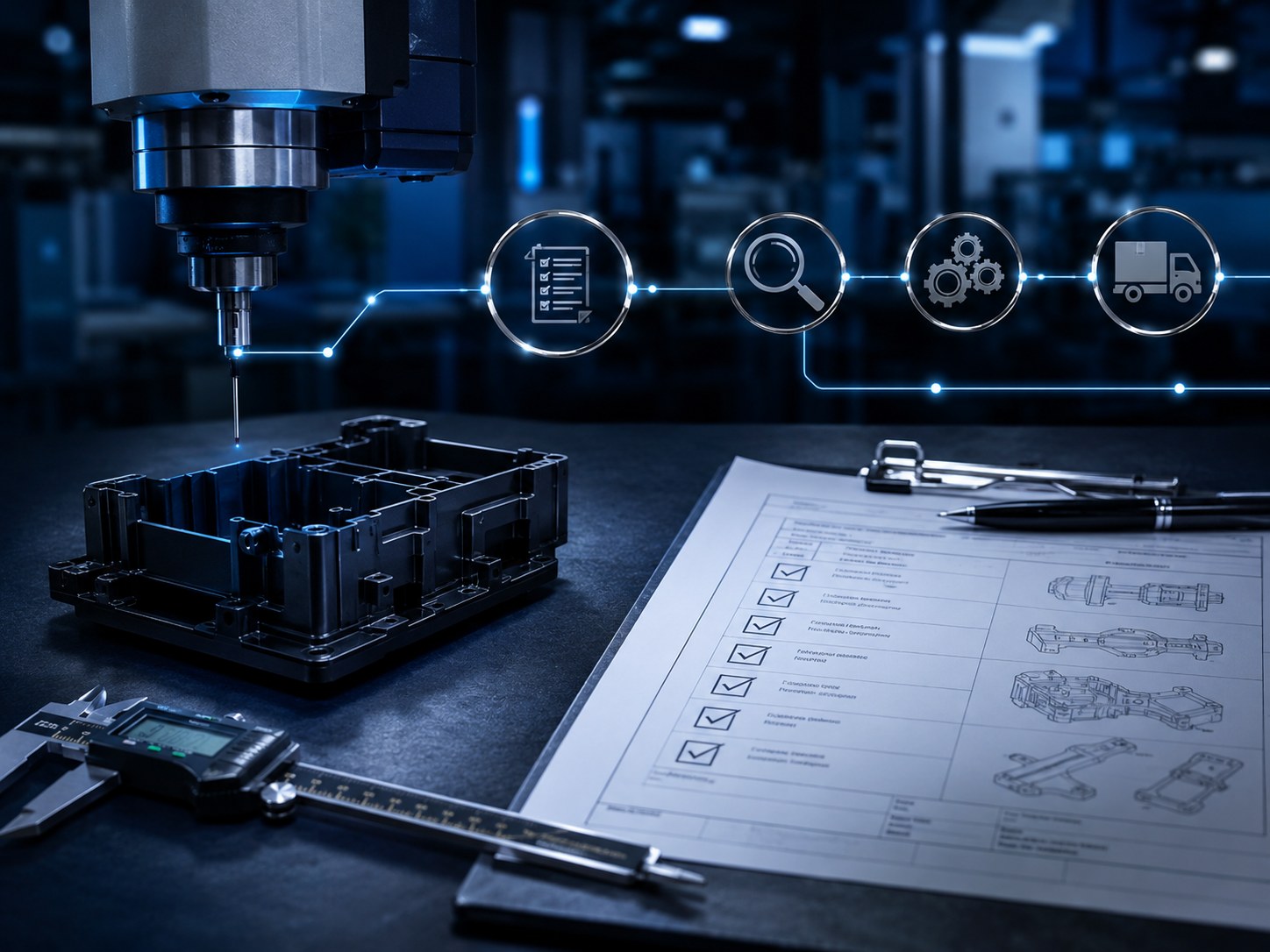 High-tech inspection workspace for injection moulded part review and quality expectations