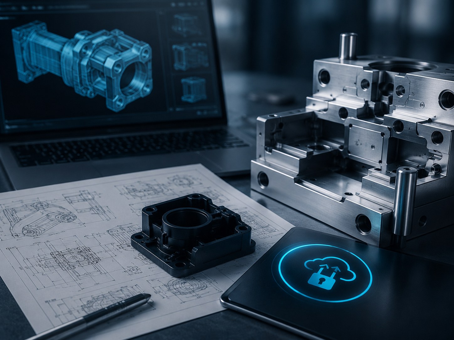 Engineering workspace with CAD models, drawings, material samples, and injection moulding project checklist