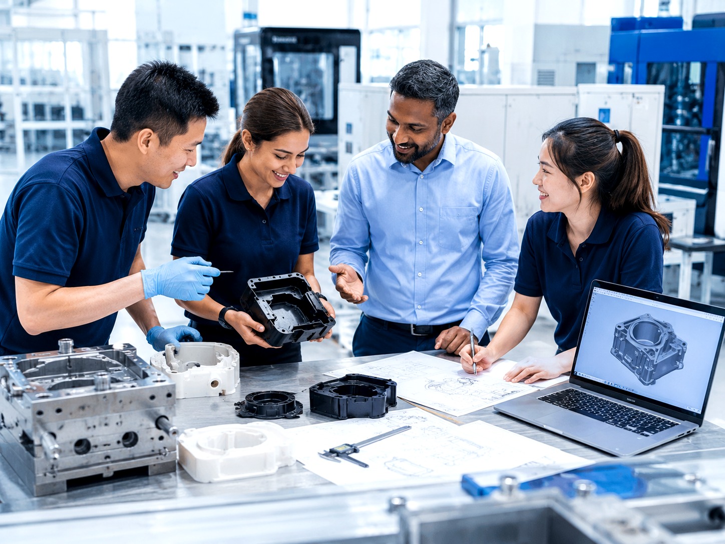 Multi-racial engineering team reviewing CAD, tooling, and moulded part information for DFM support
