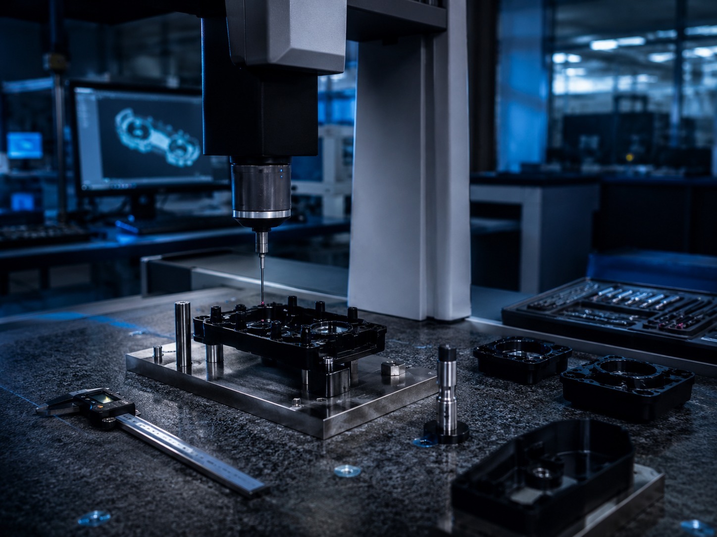 Precision inspection setup with molded components and measurement equipment