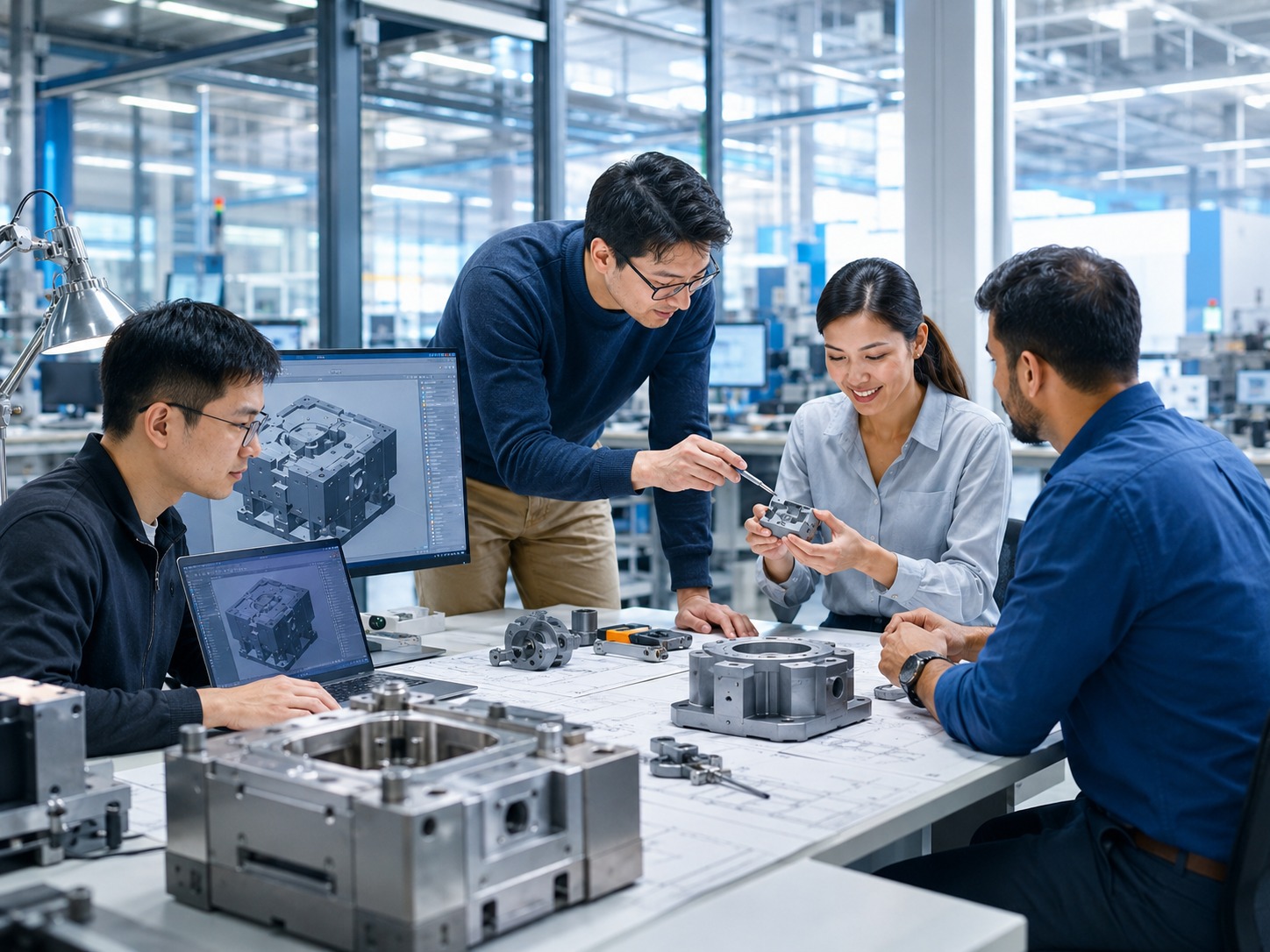 Diverse engineering team discussing tooling path, project fit, and manufacturing partner routing