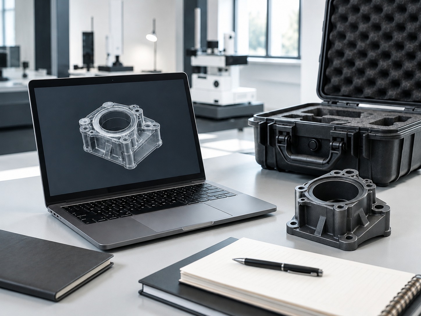 CAD workstation and part sample case representing secure engineering file intake