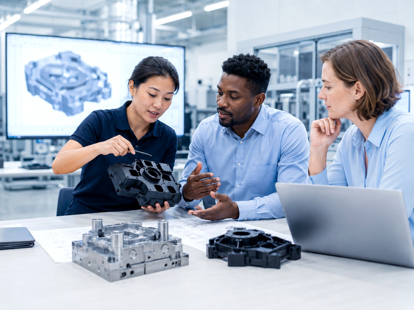 Multi-racial engineering team reviewing CAD files and moulded plastic part geometry