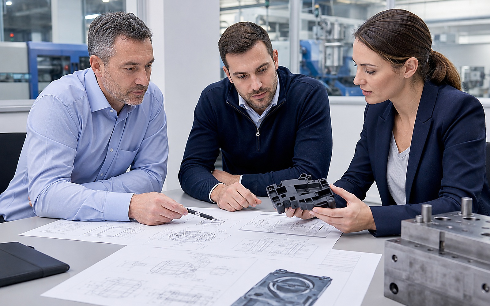 Engineer reviewing part geometry and DFM considerations for injection moulding timing