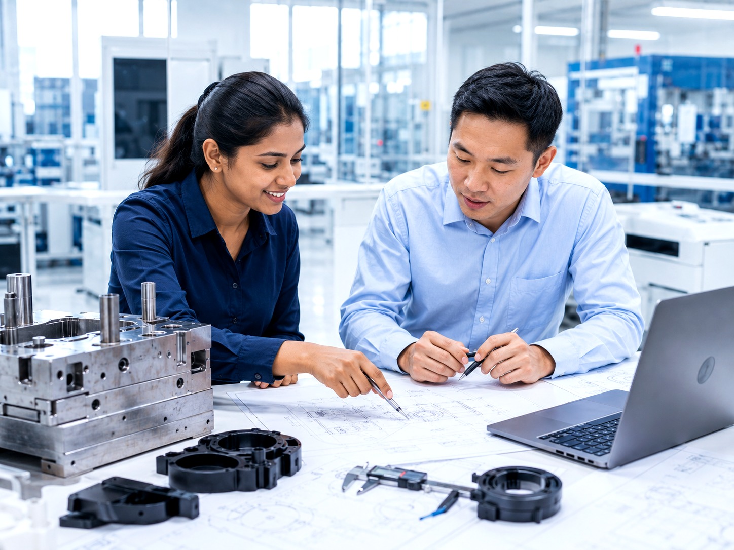 Diverse engineering review team discussing moulded plastic part supply and production details