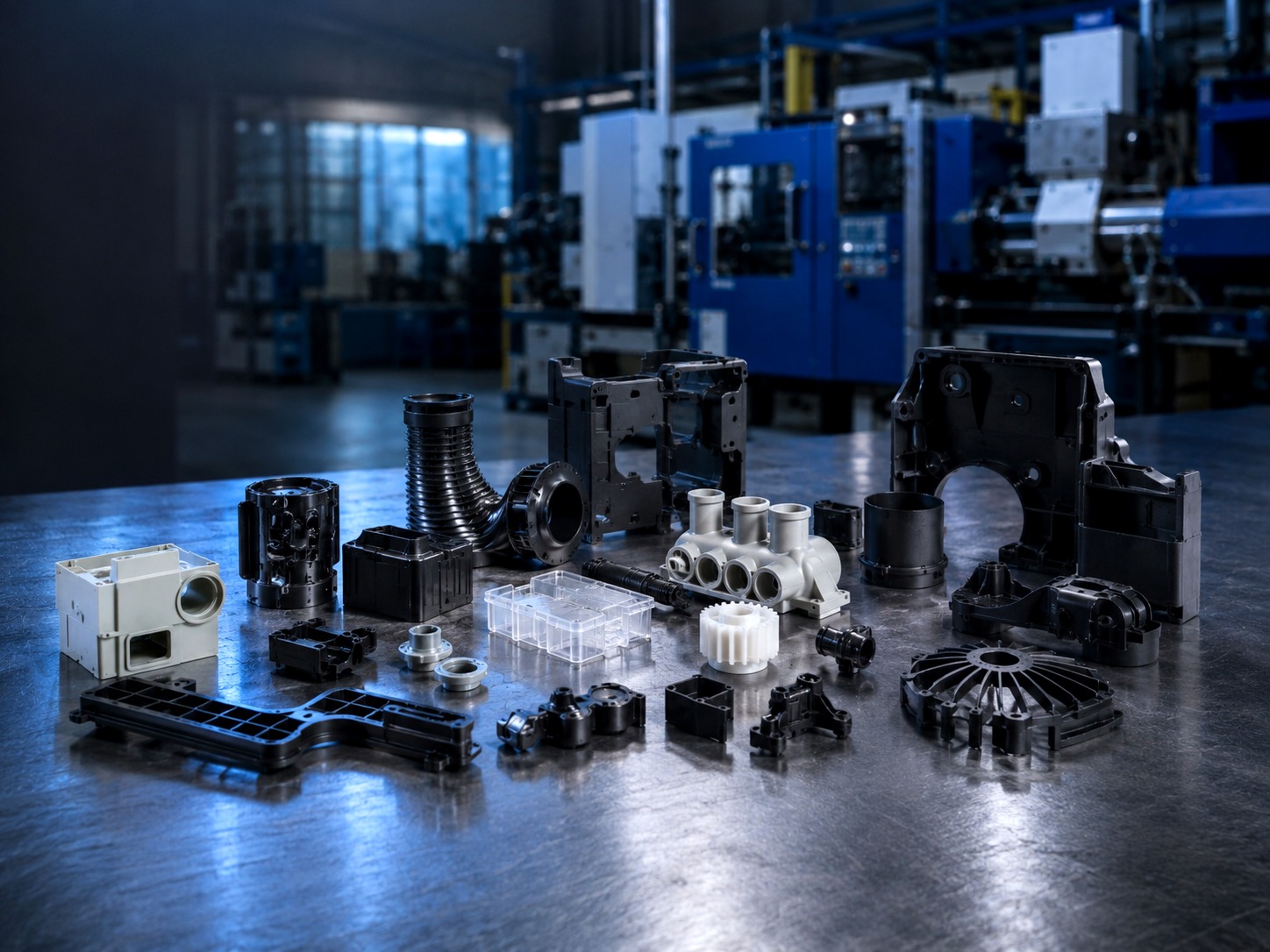 Assorted precision plastic parts and tooling in a bright production workspace