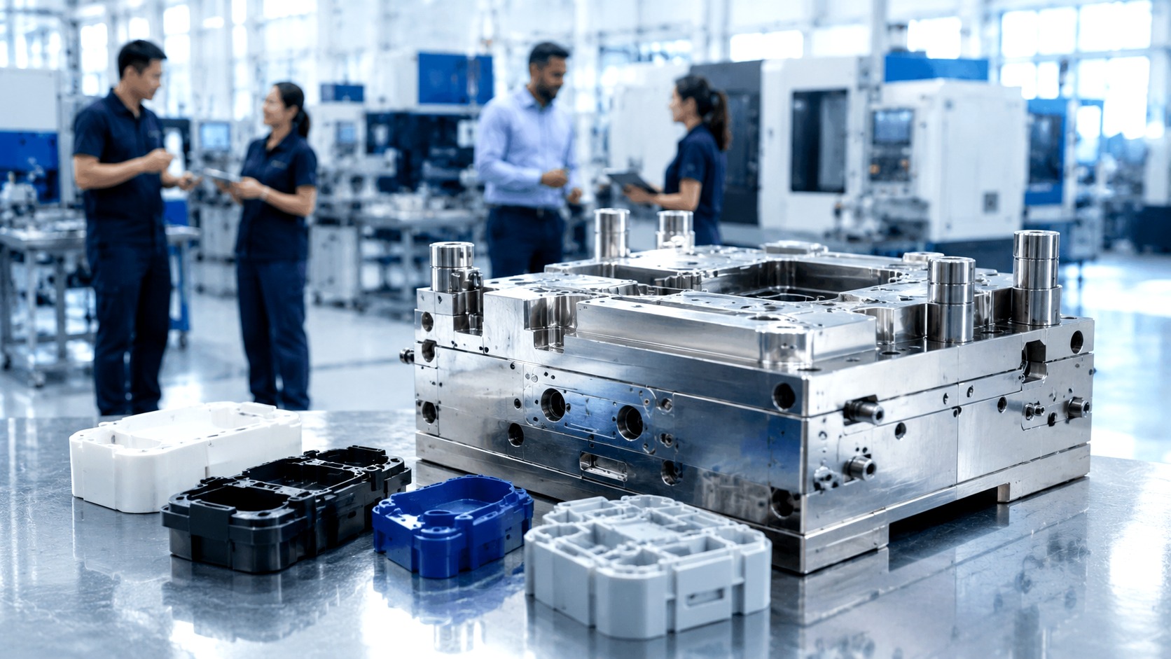 Manufacturing team reviewing injection moulding RFQ details, tooling information, and plastic parts