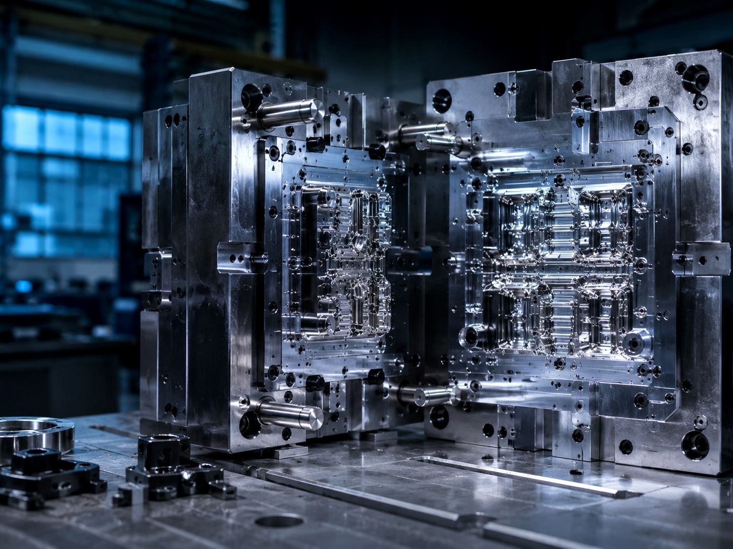Bright precision steel injection mould tooling on an industrial workbench