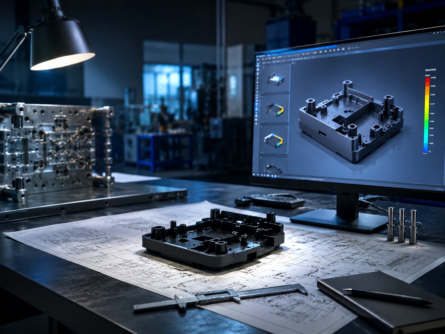 CAD review workstation with molded part geometry and engineering drawings